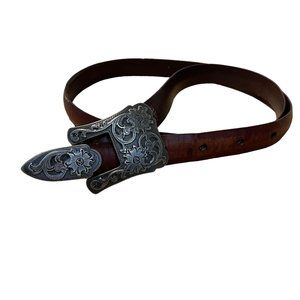 Distressed Italian Leather Western Belt Tooled Metal Buckle Women L Brown